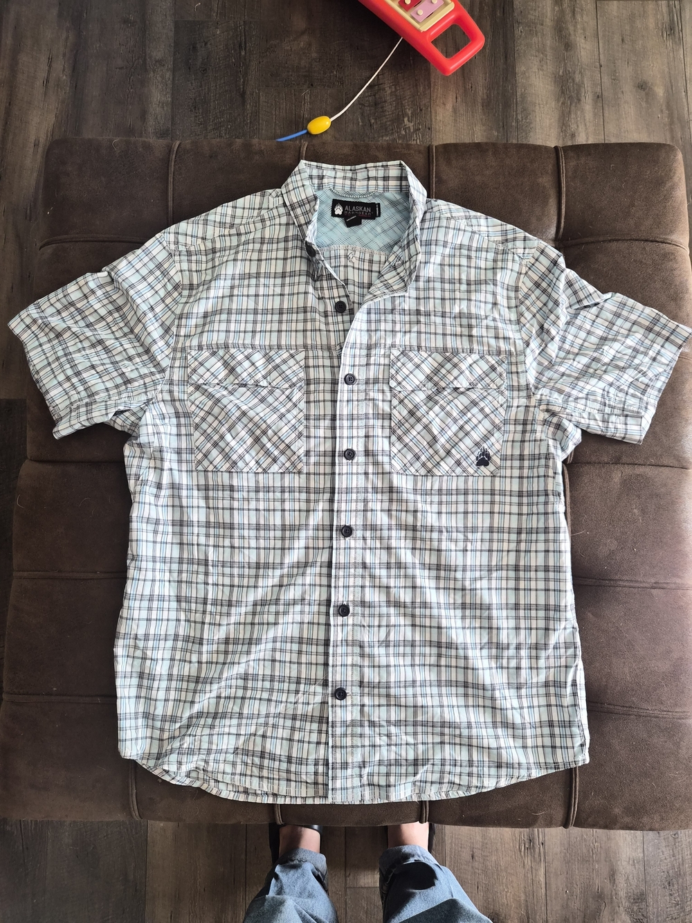 Duluth Trading Co Short-Sleeve Plaid Button-Down in Light Blue and White